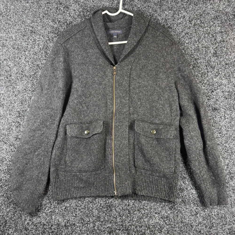 Banana Republic Mens Large Gray Lambs Wool Blend Shawl Zip Cardigan Sweater